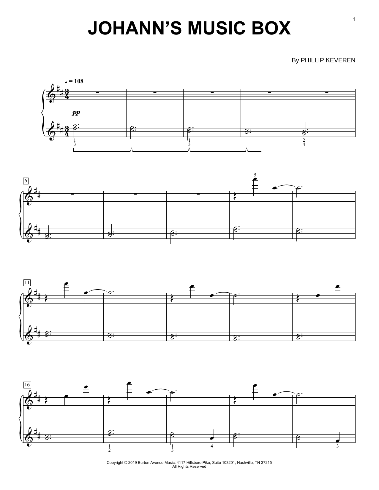 Phillip Keveren Johann's Music Box sheet music notes and chords arranged for Piano Solo