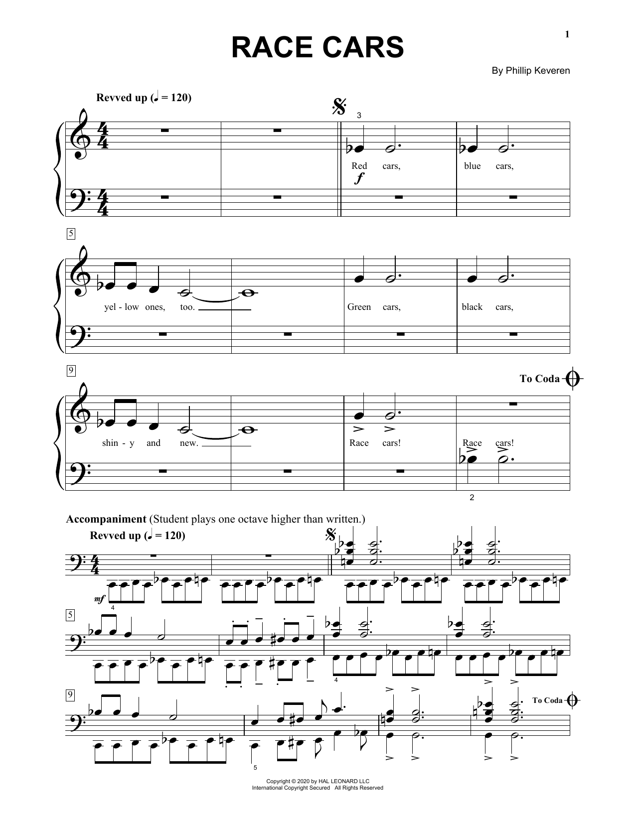 Phillip Keveren Race Cars sheet music notes and chords arranged for Big Note Piano