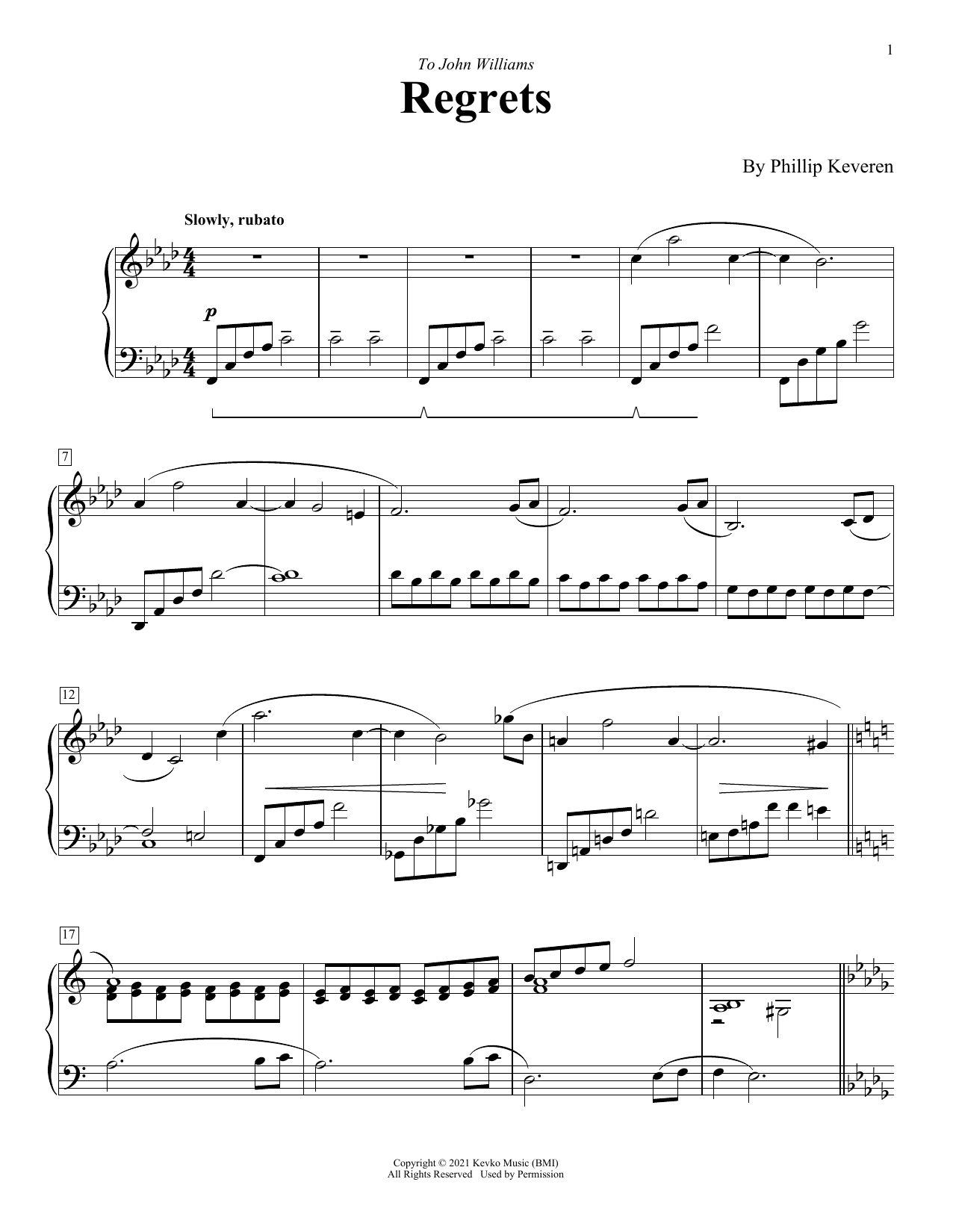 Phillip Keveren Regrets sheet music notes and chords arranged for Piano Solo