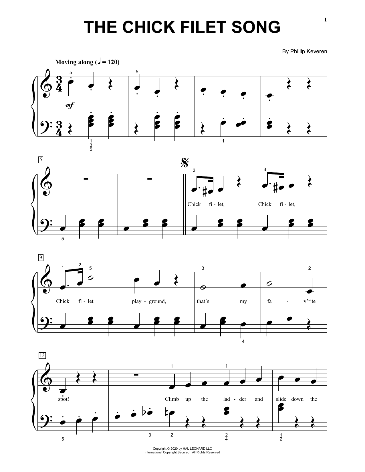 Phillip Keveren The Chick Filet Song sheet music notes and chords arranged for Beginning Piano Solo