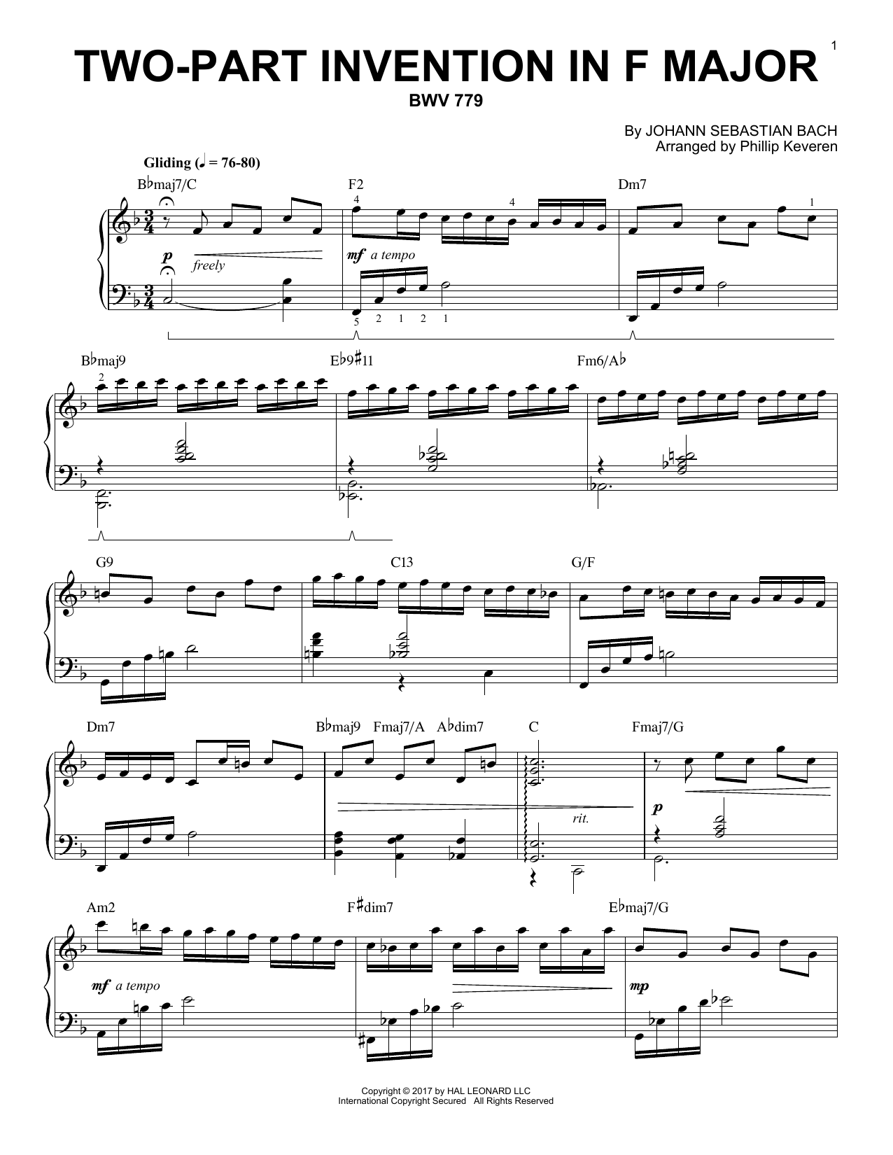 Phillip Keveren Two-Part Invention In F Major, BWV 779 [Jazz version] (arr. Phillip Keveren) sheet music notes and chords arranged for Piano Solo