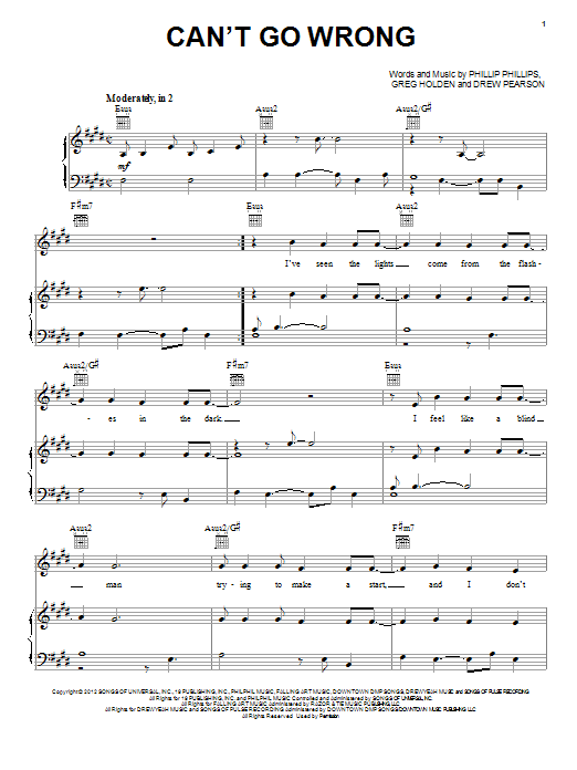 Phillip Phillips Can't Go Wrong sheet music notes and chords arranged for Piano, Vocal & Guitar Chords (Right-Hand Melody)