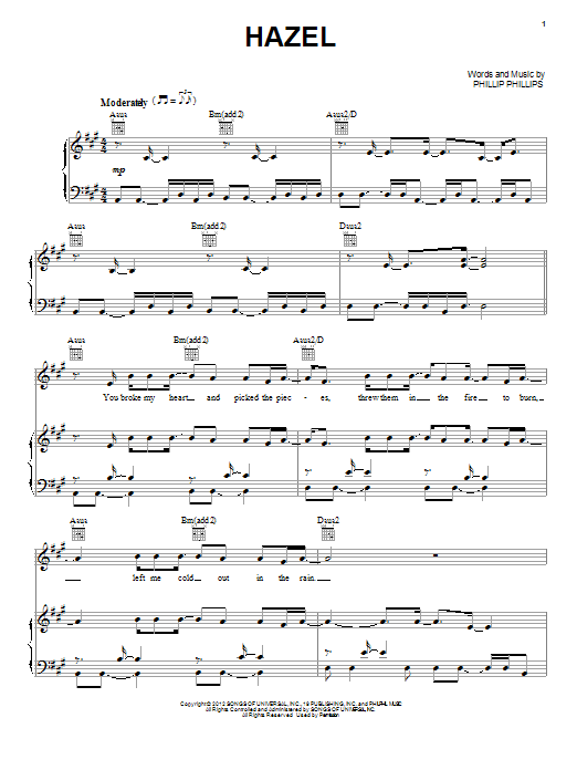 Phillip Phillips Hazel sheet music notes and chords arranged for Piano, Vocal & Guitar Chords (Right-Hand Melody)