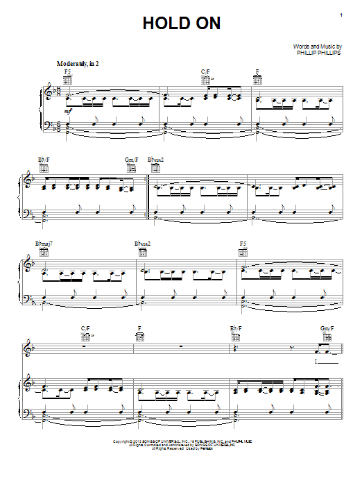 Phillip Phillips Hold On sheet music notes and chords arranged for Piano, Vocal & Guitar Chords (Right-Hand Melody)