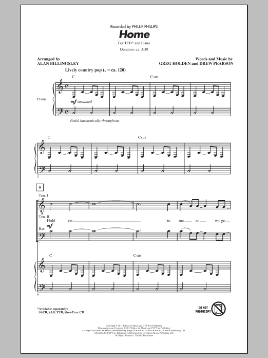 Phillip Phillips Home (arr. Alan Billingsley) sheet music notes and chords arranged for SATB Choir