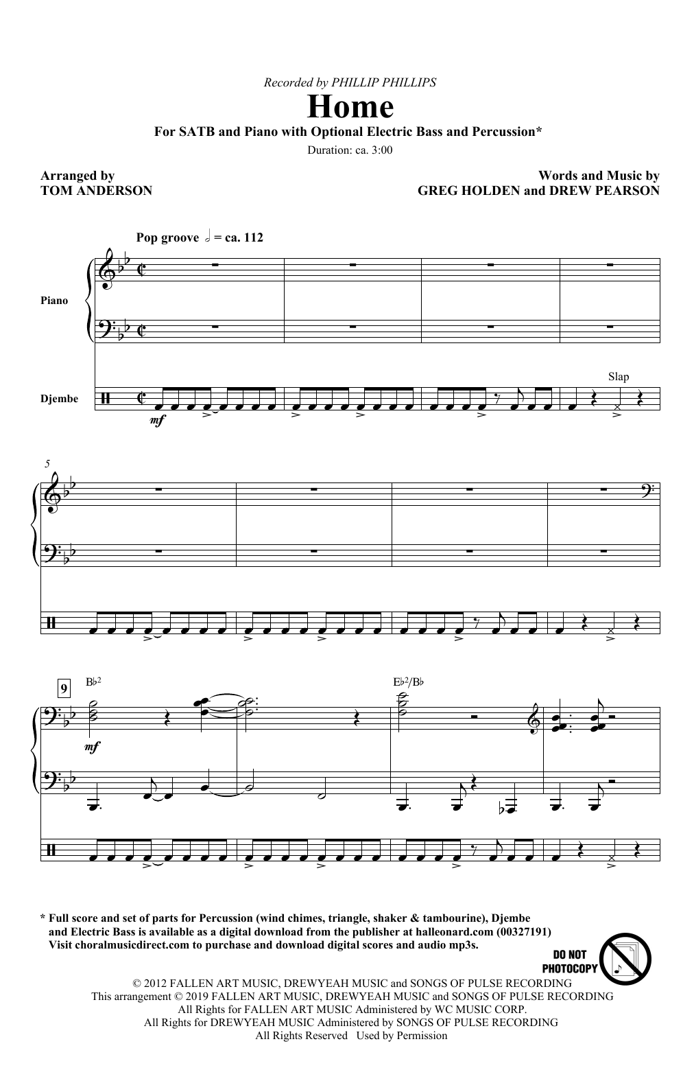 Phillip Phillips Home (arr. Tom Anderson) sheet music notes and chords arranged for SATB Choir