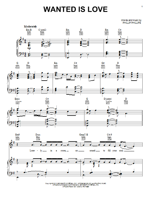 Phillip Phillips Wanted Is Love sheet music notes and chords arranged for Piano, Vocal & Guitar Chords (Right-Hand Melody)