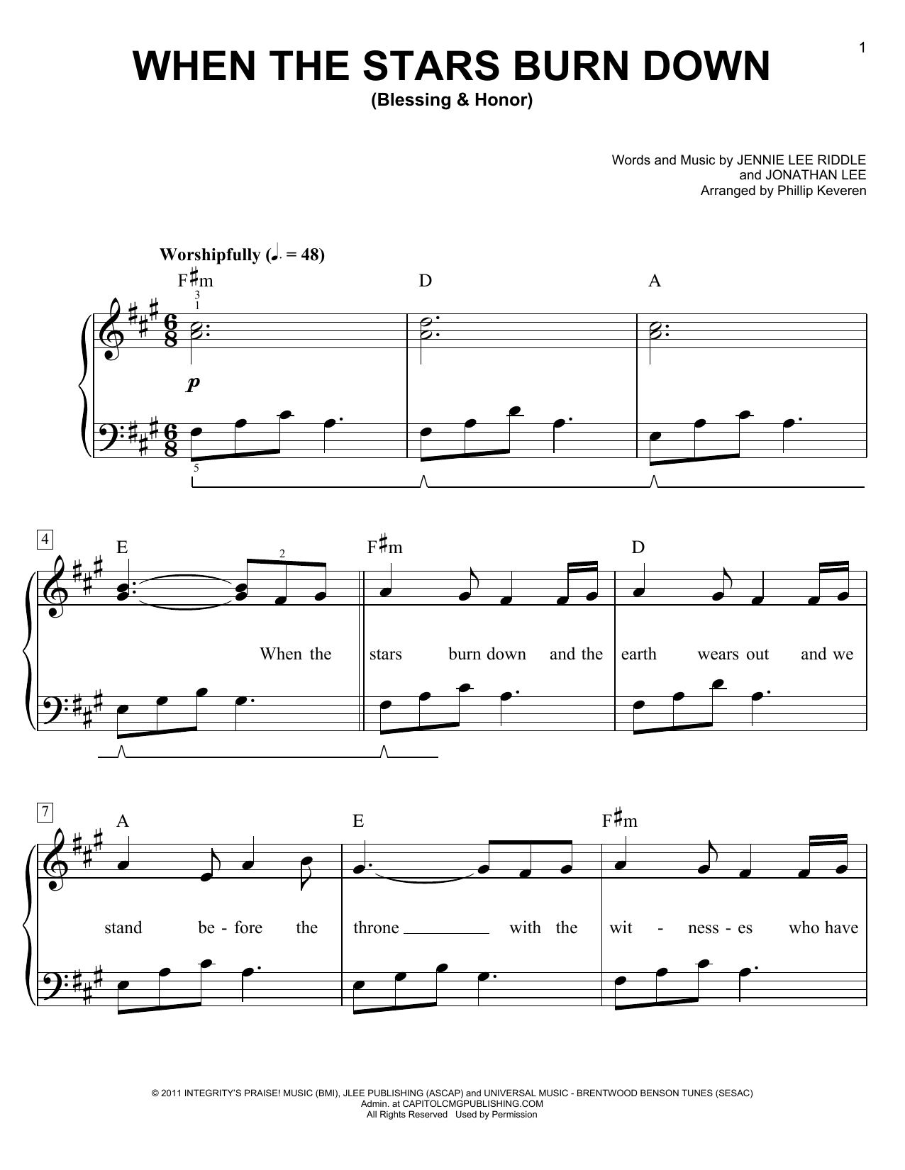Phillips, Craig & Dean When The Stars Burn Down (Blessing & Honor) (arr. Phillip Keveren) sheet music notes and chords arranged for Easy Piano