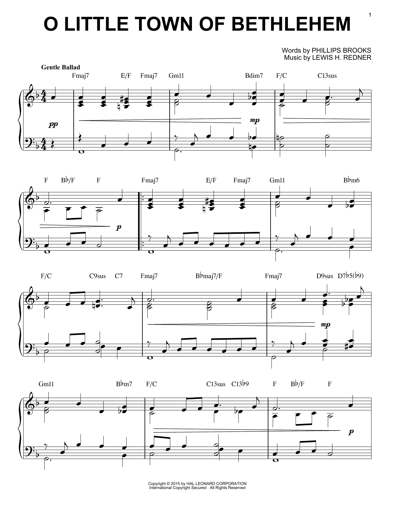 Phillips Brooks O Little Town Of Bethlehem [Jazz version] (arr. Brent Edstrom) sheet music notes and chords arranged for Piano Solo