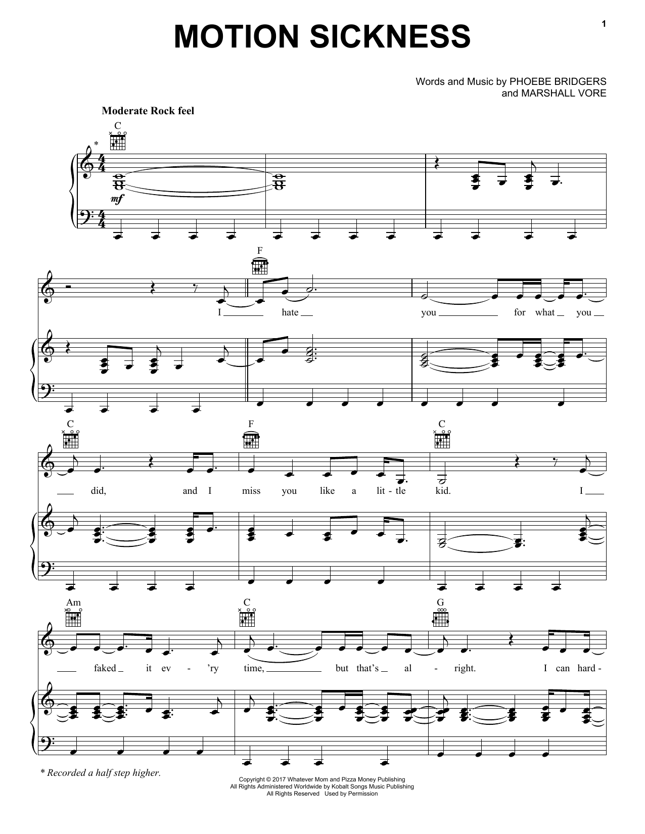 Phoebe Bridgers Motion Sickness sheet music notes and chords arranged for Piano, Vocal & Guitar Chords (Right-Hand Melody)