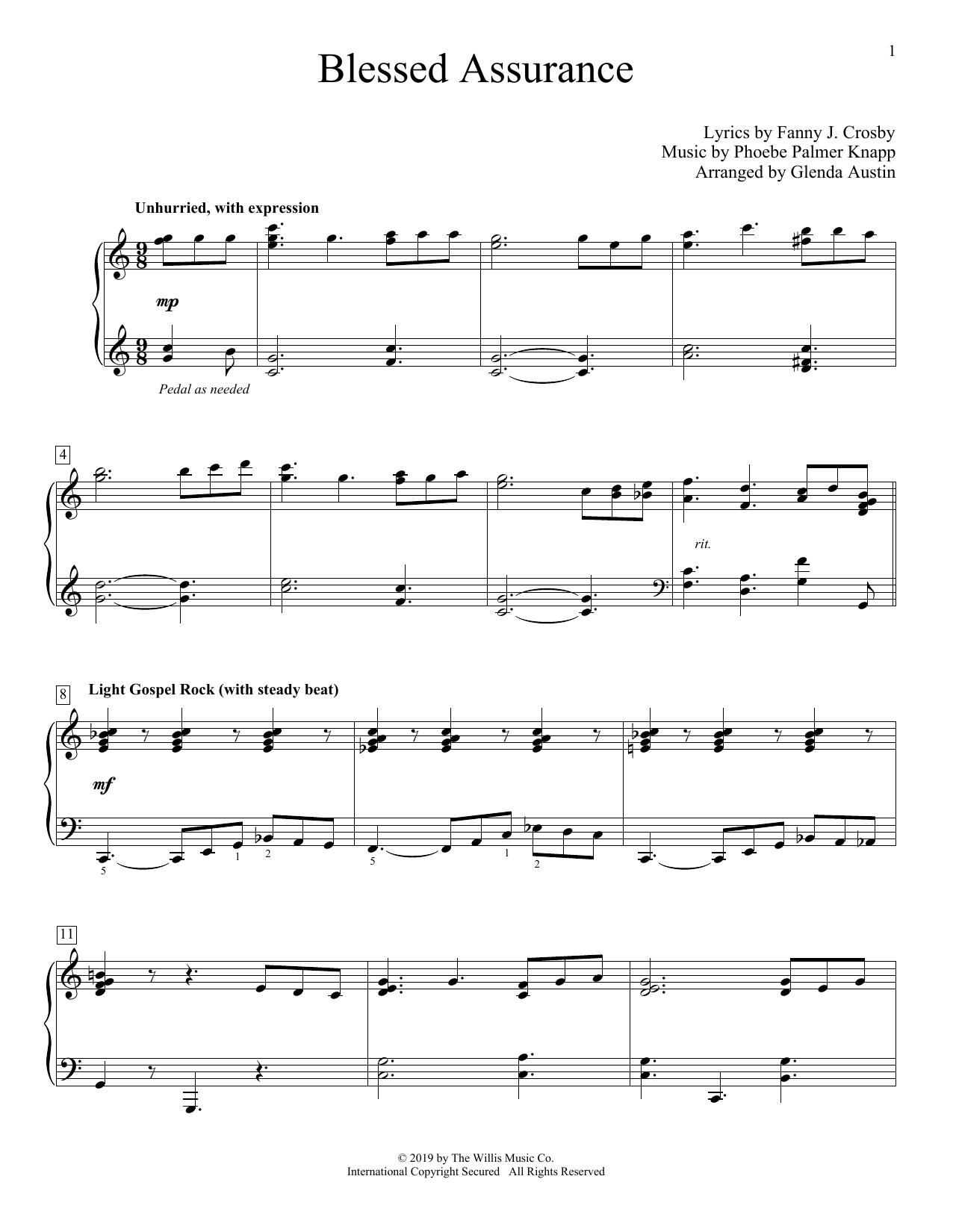Phoebe Palmer Knapp Blessed Assurance (arr. Glenda Austin) sheet music notes and chords arranged for Educational Piano
