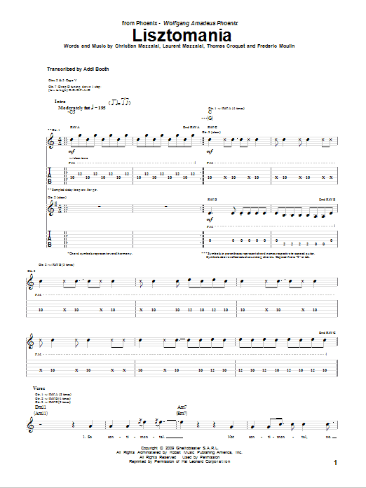 Phoenix Lisztomania sheet music notes and chords arranged for Guitar Tab