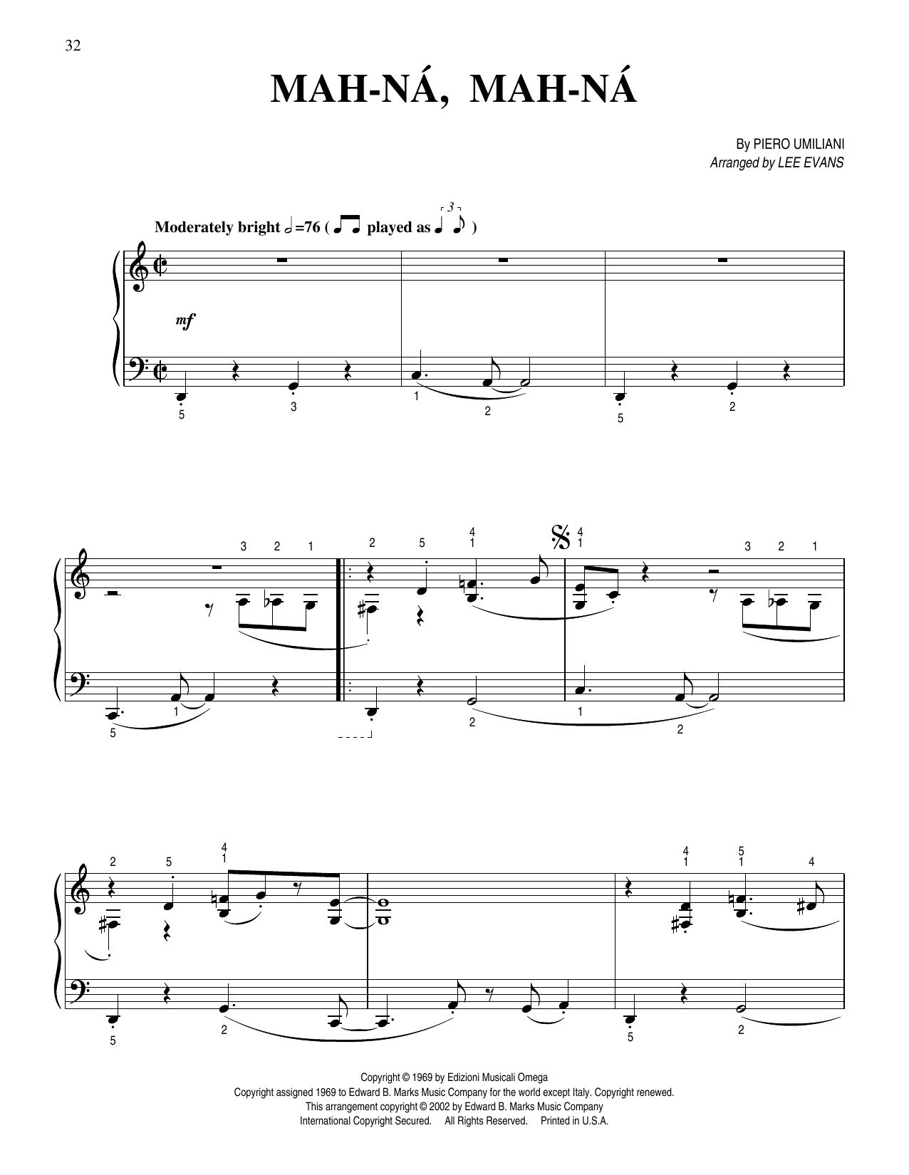 Piero Umiliani Mah-Na Mah-Na (arr. Lee Evans) sheet music notes and chords arranged for Piano Solo