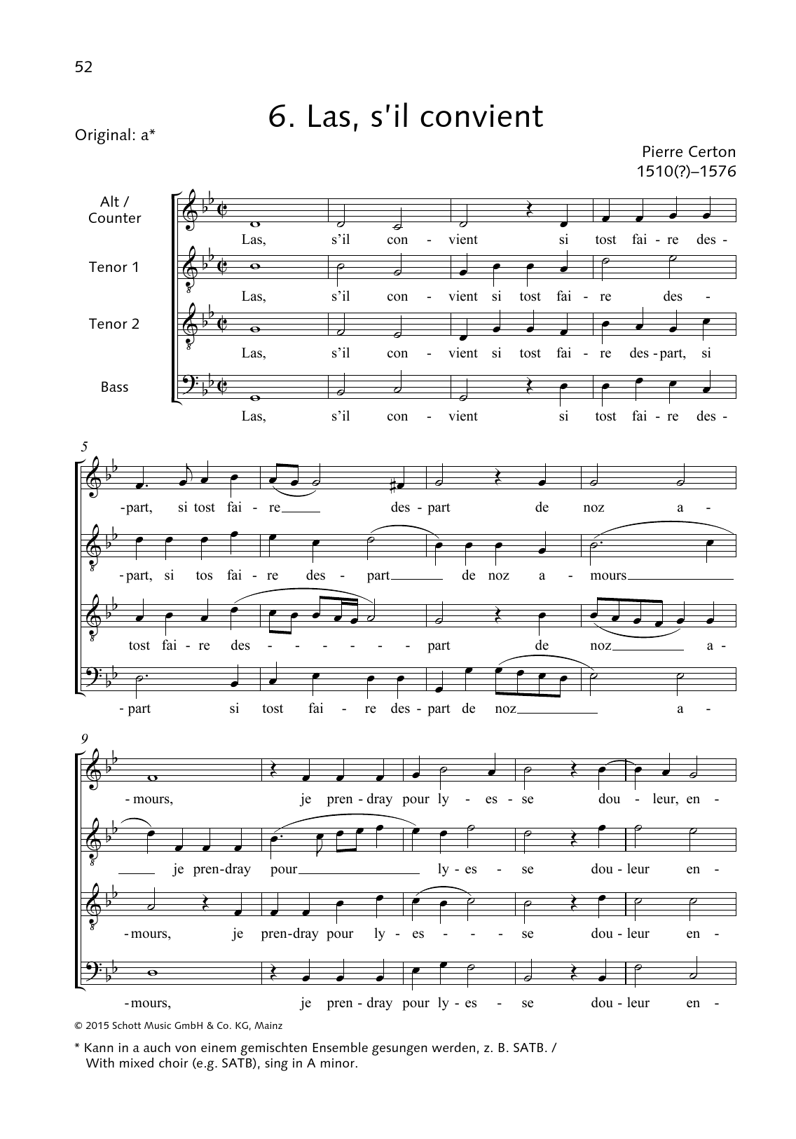 Pierre Certon Las s'il convient sheet music notes and chords arranged for Choir