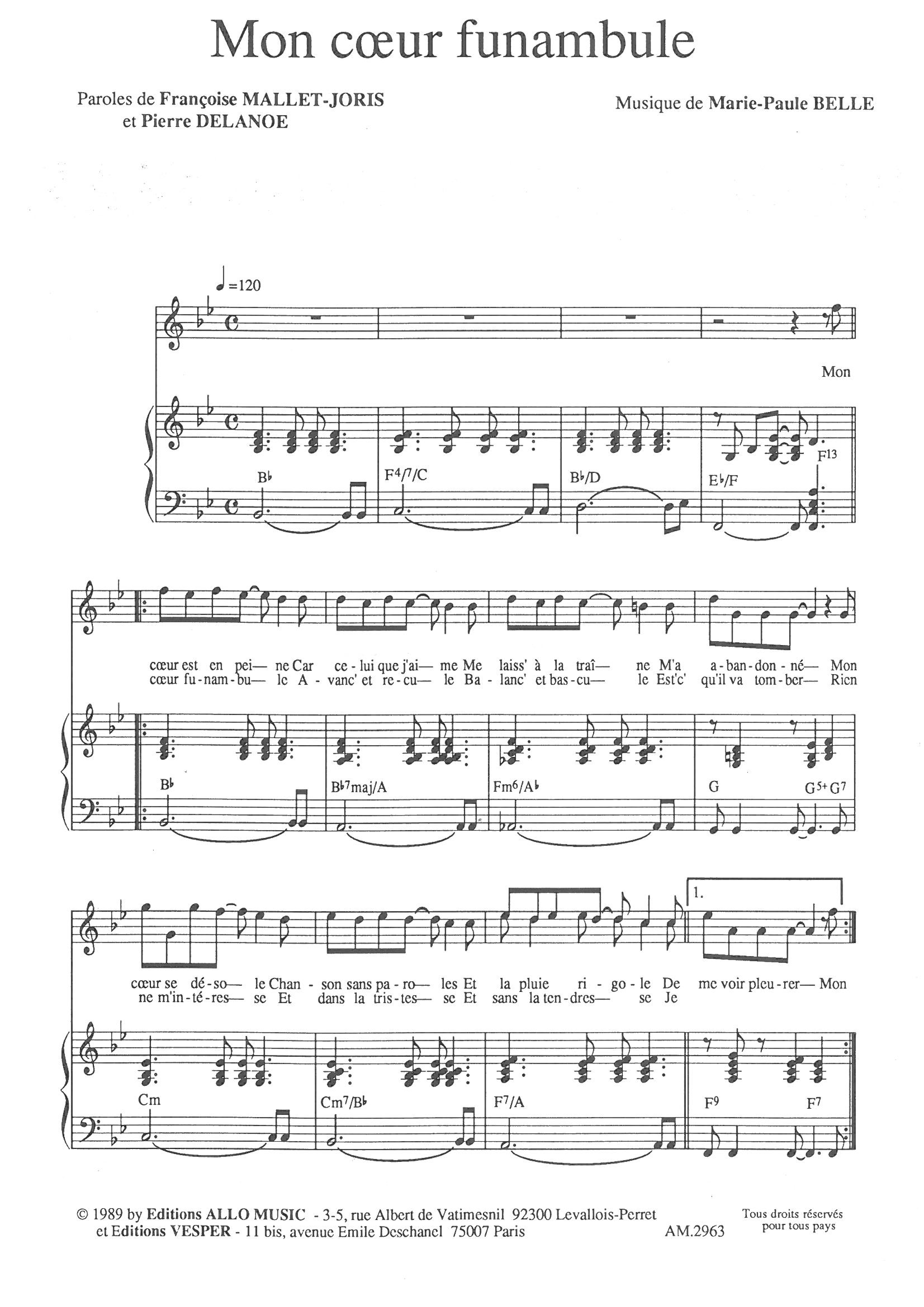 Pierre Delanoë, Françoise Mallet-Joris and Marie Paule Belle Mon Coeur Funambule sheet music notes and chords arranged for Piano & Vocal