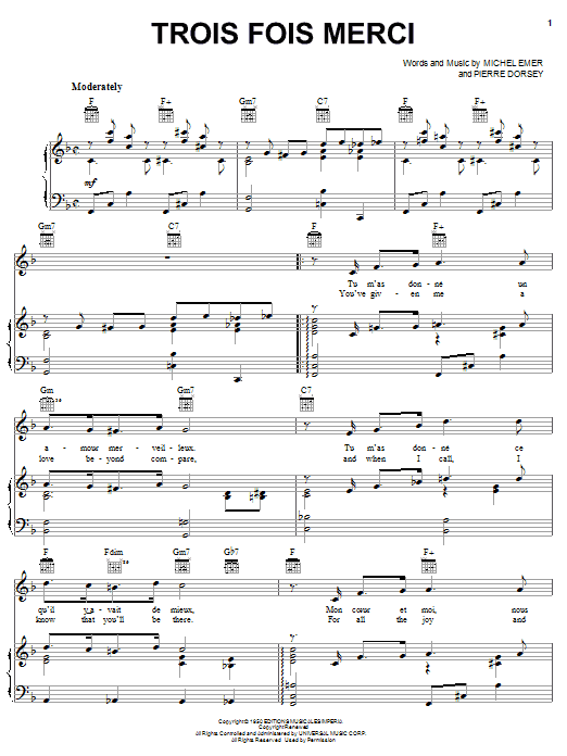 Pierre Dorsey Trois Fois Merci sheet music notes and chords arranged for Piano, Vocal & Guitar Chords (Right-Hand Melody)