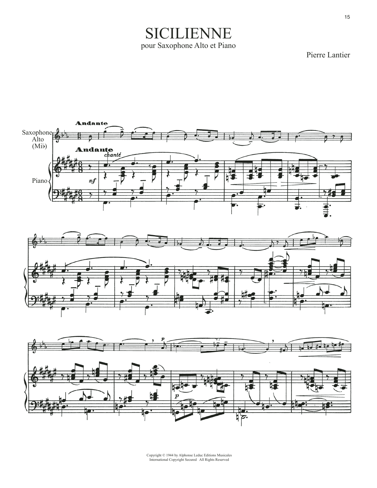 Pierre Lantier Sicilienne sheet music notes and chords arranged for Alto Sax and Piano