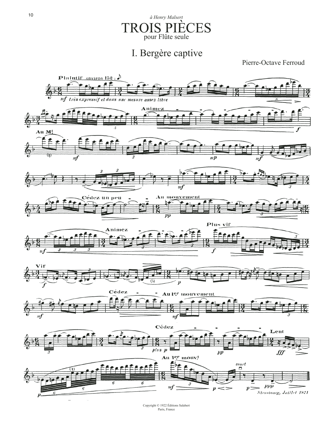 Pierre-Octave Ferroud 3 Pieces sheet music notes and chords arranged for Flute Solo