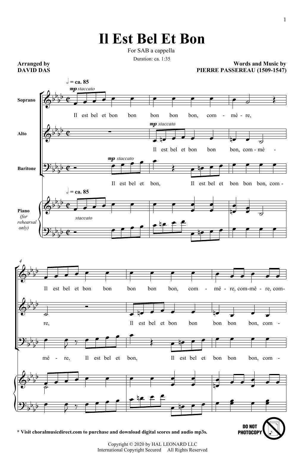 Pierre Passereau Il Est Bel Et Bon (arr. David Das) sheet music notes and chords arranged for SAB Choir