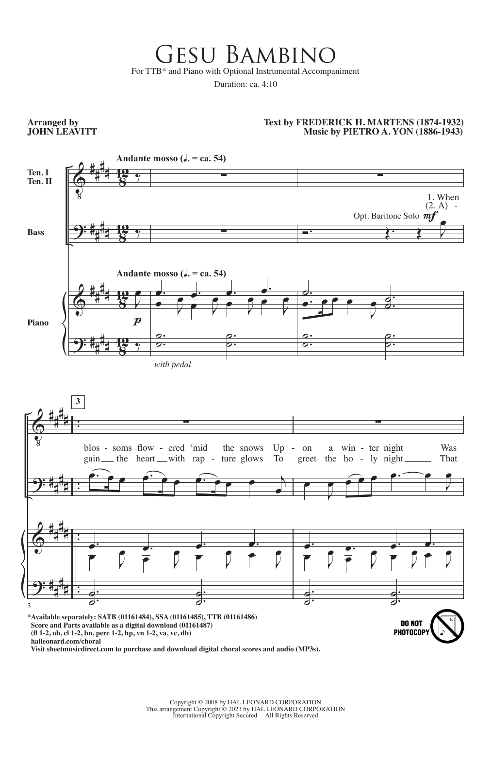 Pietro A. Yon Gesú Bambino (arr. John Leavitt) sheet music notes and chords arranged for SSA Choir