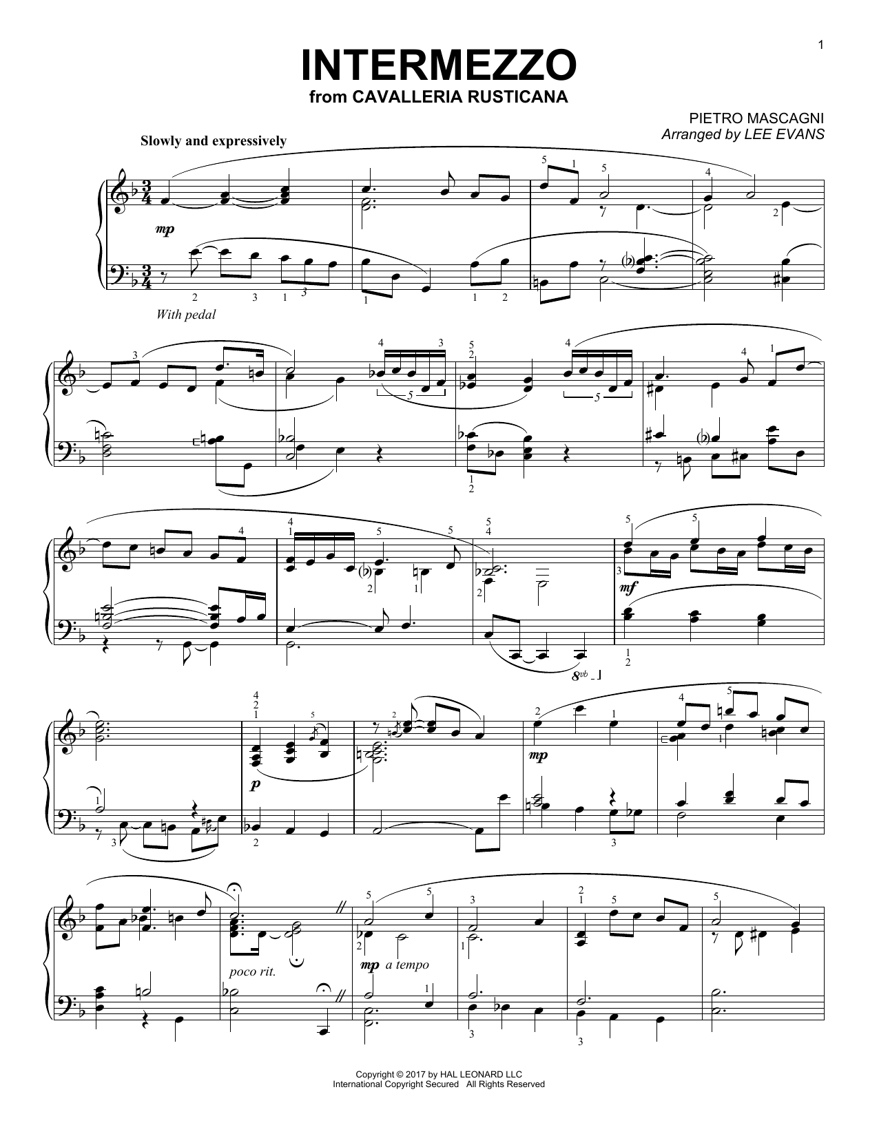 Pietro Mascagni Intermezzo (arr. Lee Evans) sheet music notes and chords arranged for Piano Solo