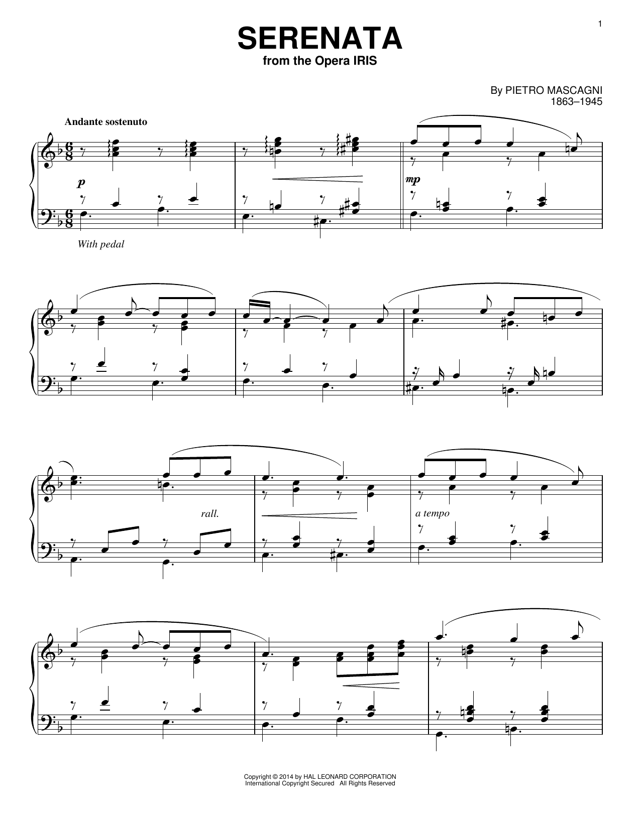 Pietro Mascagni Serenata sheet music notes and chords arranged for Piano Solo