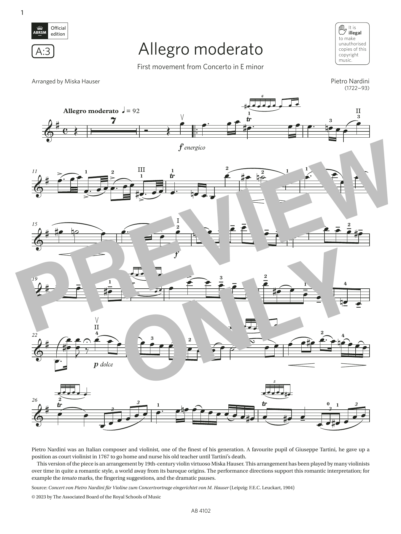 Pietro Nardini Allegro moderato (Grade 8, A3, from the ABRSM Violin Syllabus from 2024) sheet music notes and chords arranged for Violin Solo