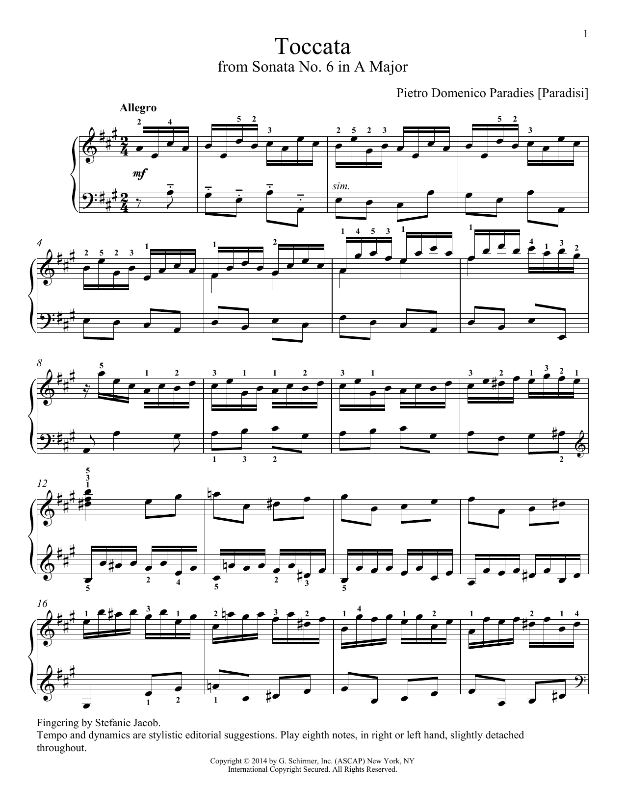 Pietro Paradies [Paradisi] Toccata sheet music notes and chords arranged for Piano Solo