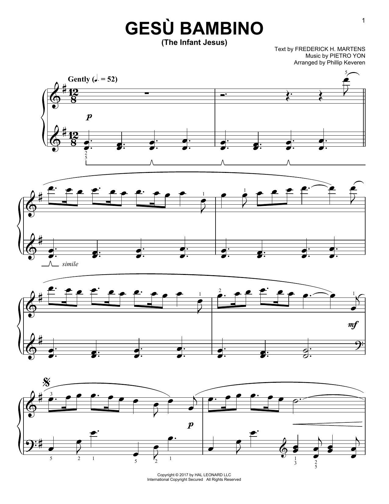 Pietro Yon Gesu Bambino (The Infant Jesus) [Classical version] (arr. Phillip Keveren) sheet music notes and chords arranged for Easy Piano