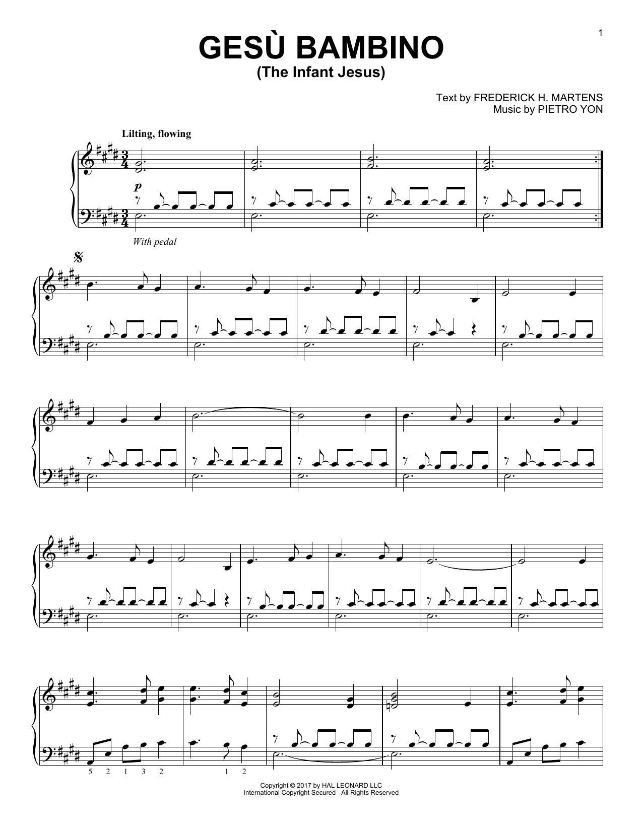 Pietro Yon Gesu Bambino (The Infant Jesus) sheet music notes and chords arranged for Piano Solo