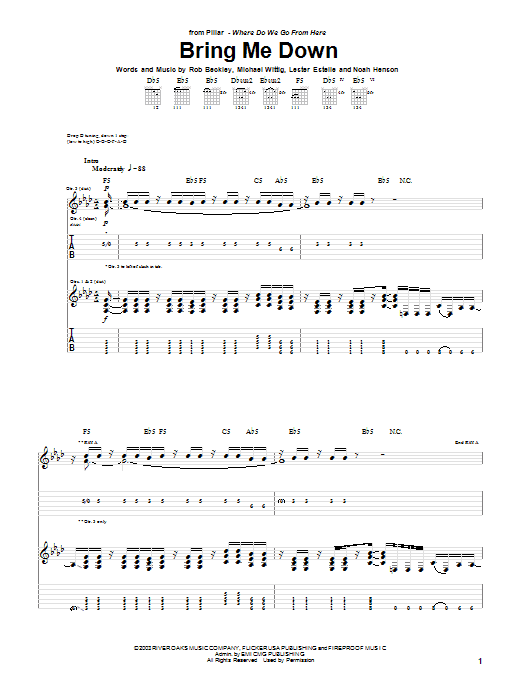 Pillar Bring Me Down sheet music notes and chords arranged for Guitar Tab