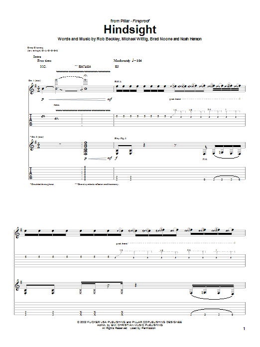 Pillar Hindsight sheet music notes and chords arranged for Guitar Tab