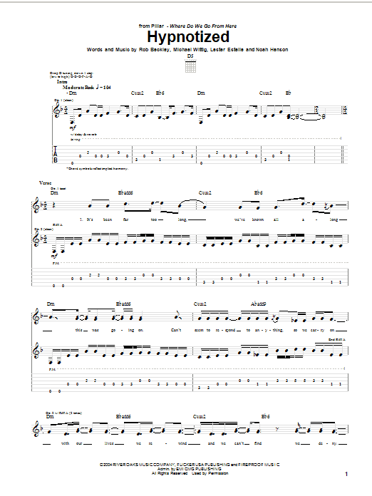 Pillar Hypnotized sheet music notes and chords arranged for Guitar Tab