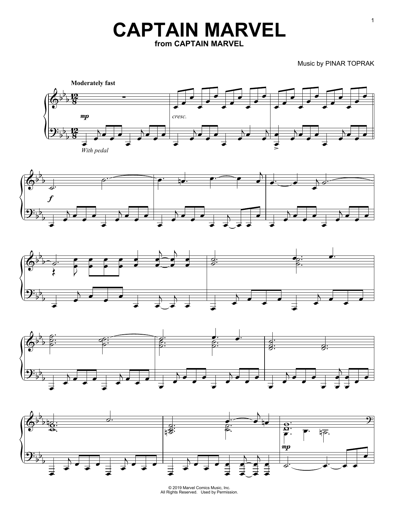 Pinar Toprak Captain Marvel sheet music notes and chords arranged for Piano Solo