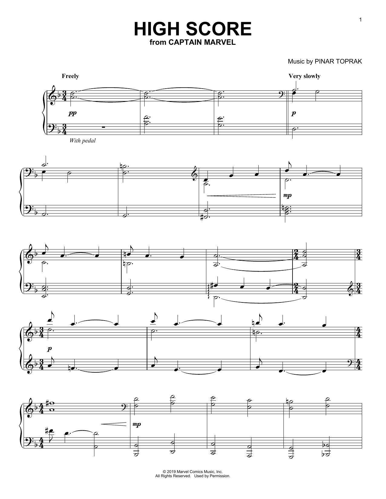 Pinar Toprak High Score (from Captain Marvel) sheet music notes and chords arranged for Piano Solo
