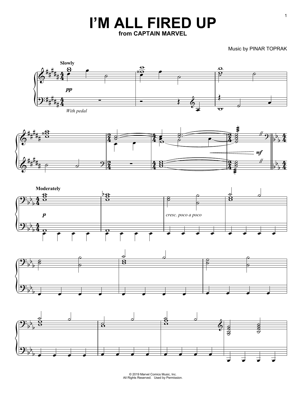 Pinar Toprak I'm All Fired Up (from Captain Marvel) sheet music notes and chords arranged for Piano Solo