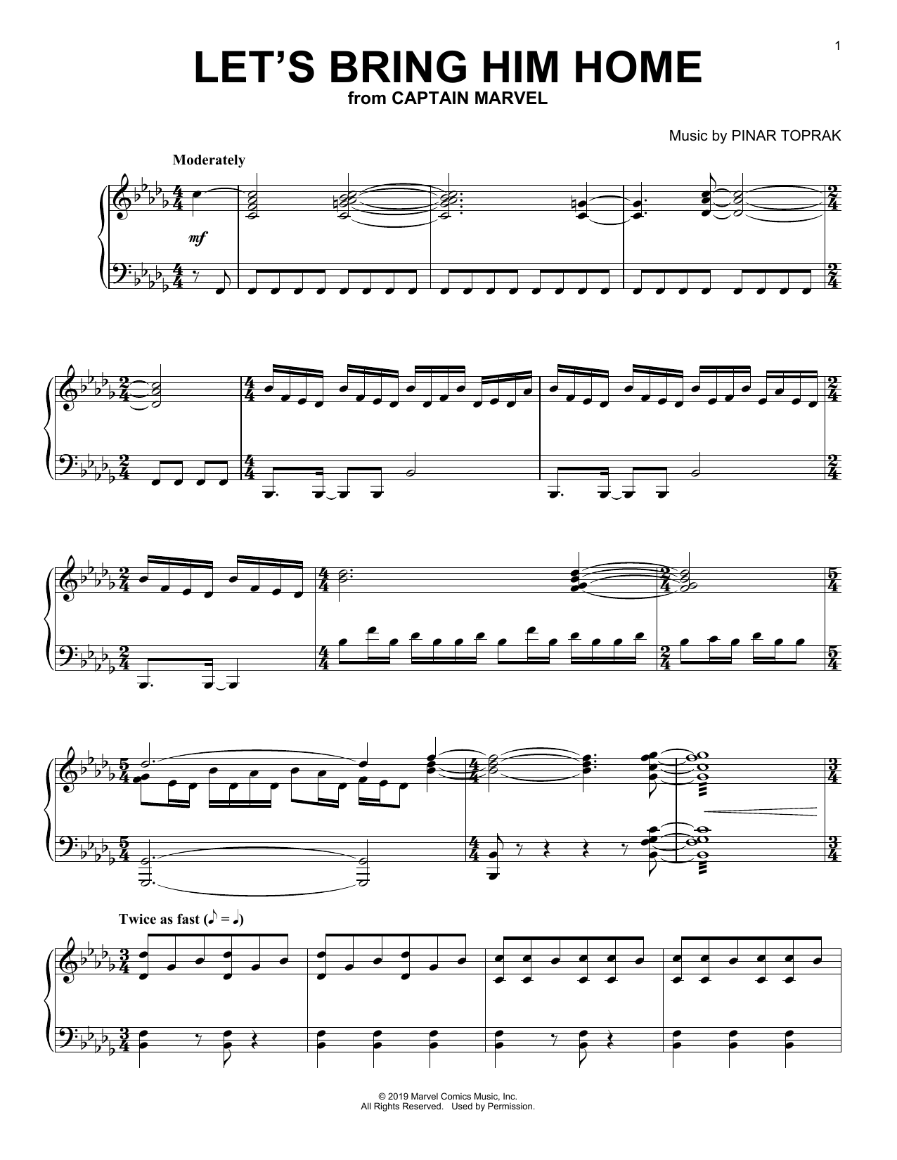 Pinar Toprak Let's Bring Him Home (from Captain Marvel) sheet music notes and chords arranged for Piano Solo