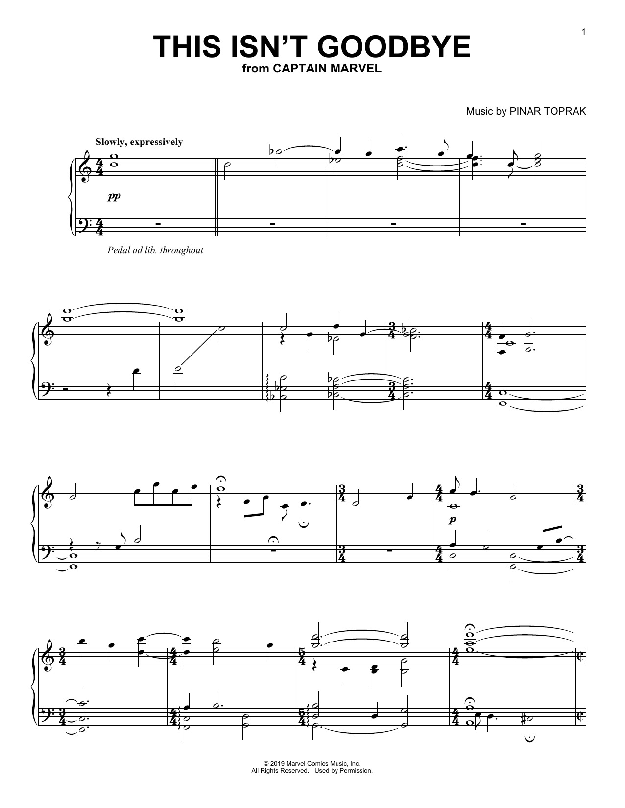 Pinar Toprak This Isn't Goodbye (from Captain Marvel) sheet music notes and chords arranged for Piano Solo