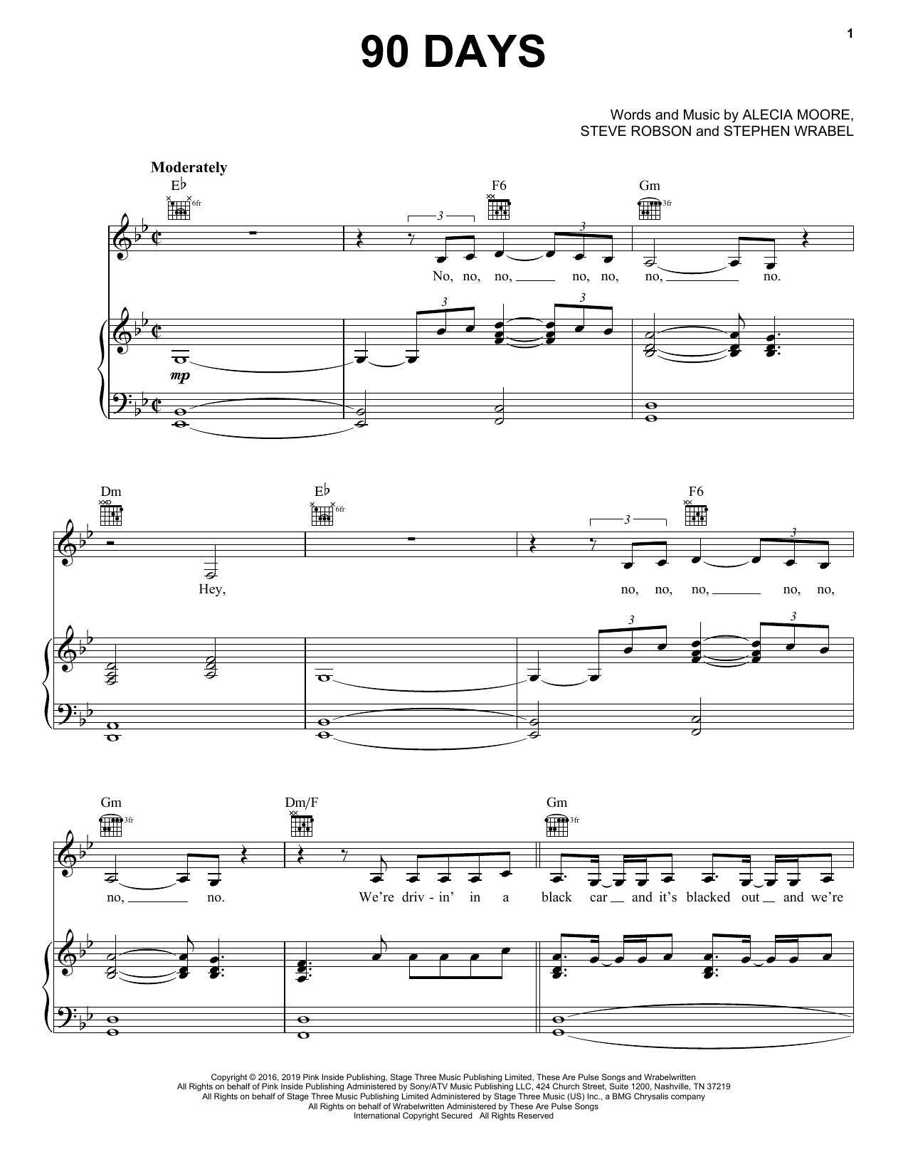 Pink 90 Days sheet music notes and chords arranged for Piano, Vocal & Guitar Chords (Right-Hand Melody)