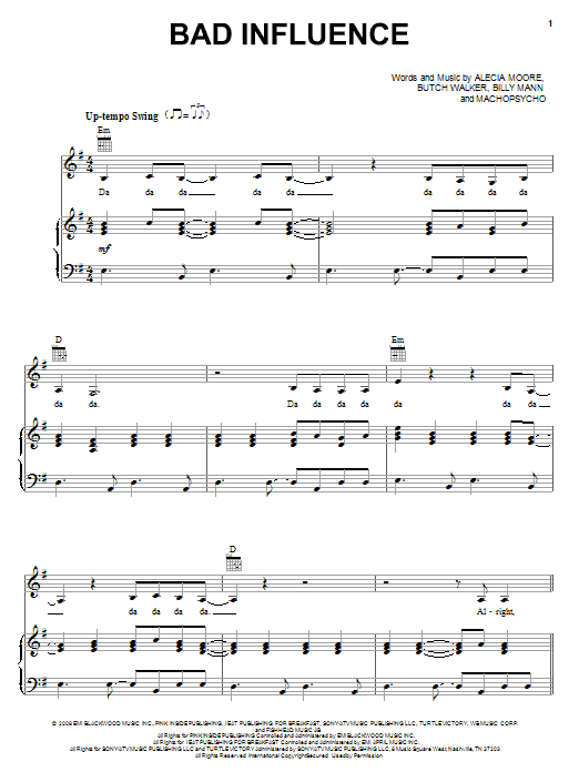 Pink Bad Influence sheet music notes and chords arranged for Piano, Vocal & Guitar Chords (Right-Hand Melody)