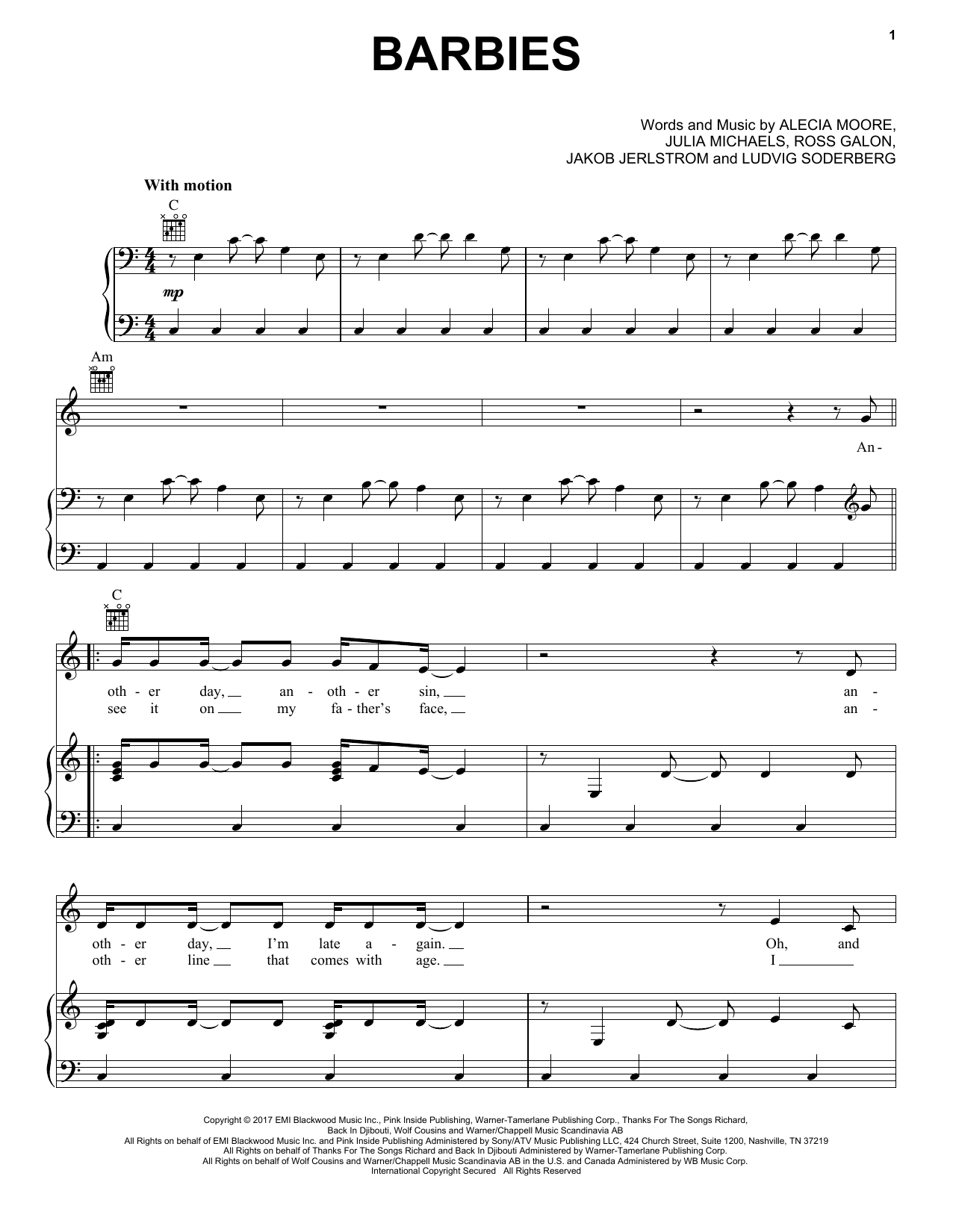Pink Barbies sheet music notes and chords arranged for Piano, Vocal & Guitar Chords (Right-Hand Melody)