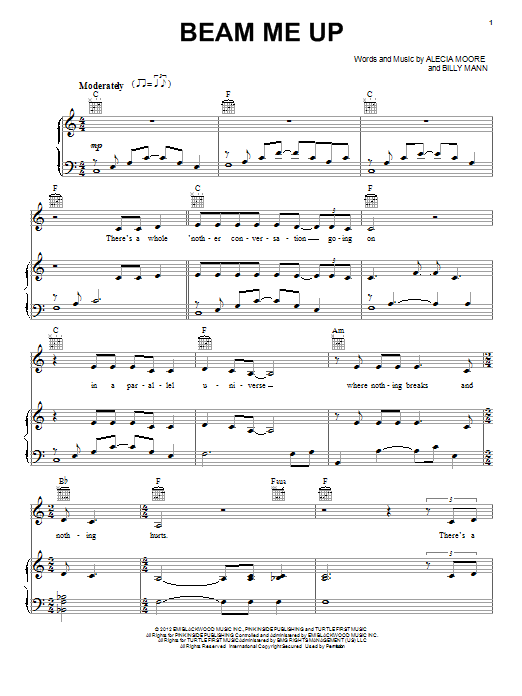 Pink Beam Me Up sheet music notes and chords arranged for Piano, Vocal & Guitar Chords (Right-Hand Melody)