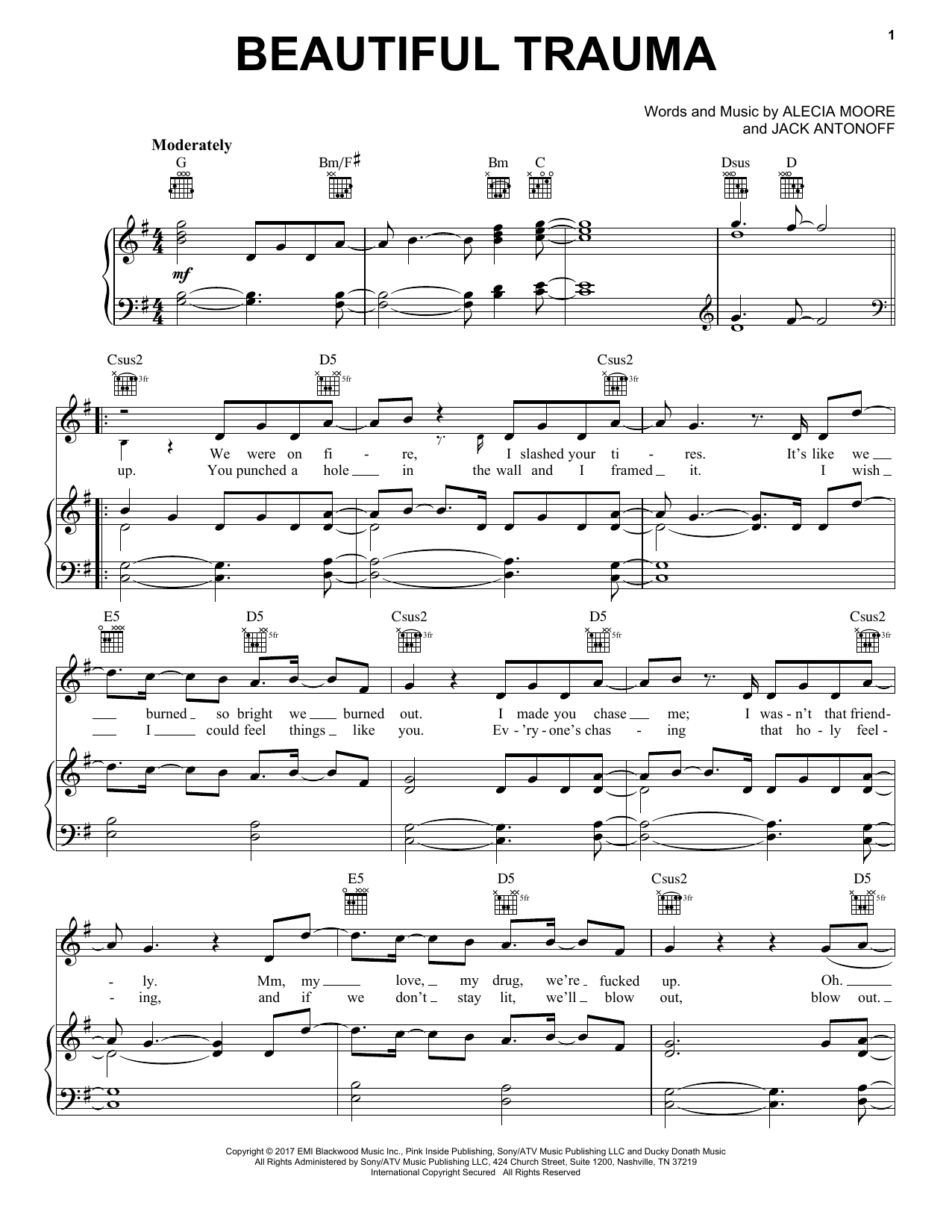 Pink Beautiful Trauma sheet music notes and chords arranged for Piano, Vocal & Guitar Chords (Right-Hand Melody)