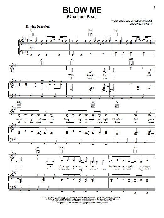 Pink Blow Me (One Last Kiss) sheet music notes and chords arranged for Easy Piano