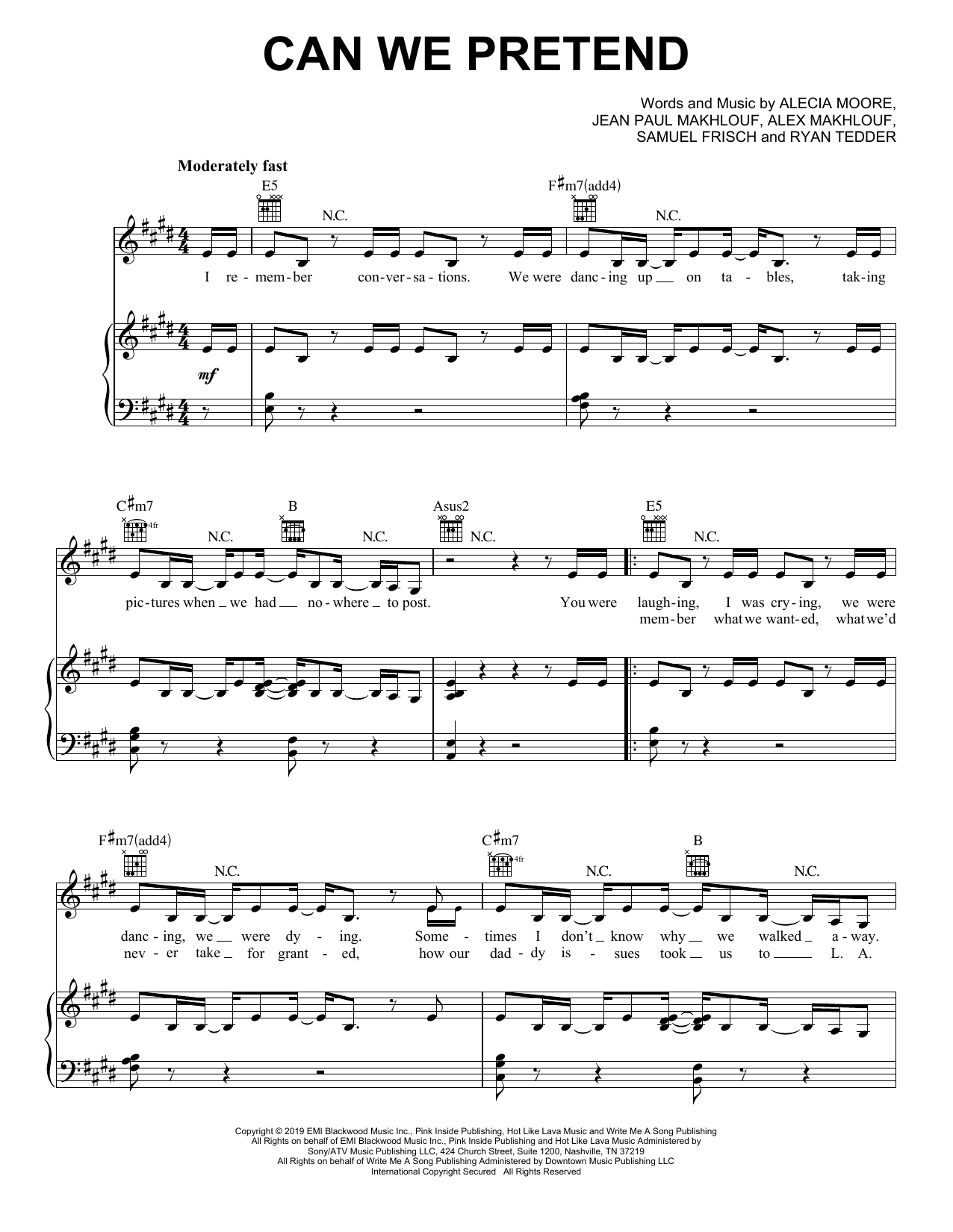 Pink Can We Pretend (feat. Cash Cash) sheet music notes and chords arranged for Piano, Vocal & Guitar Chords (Right-Hand Melody)
