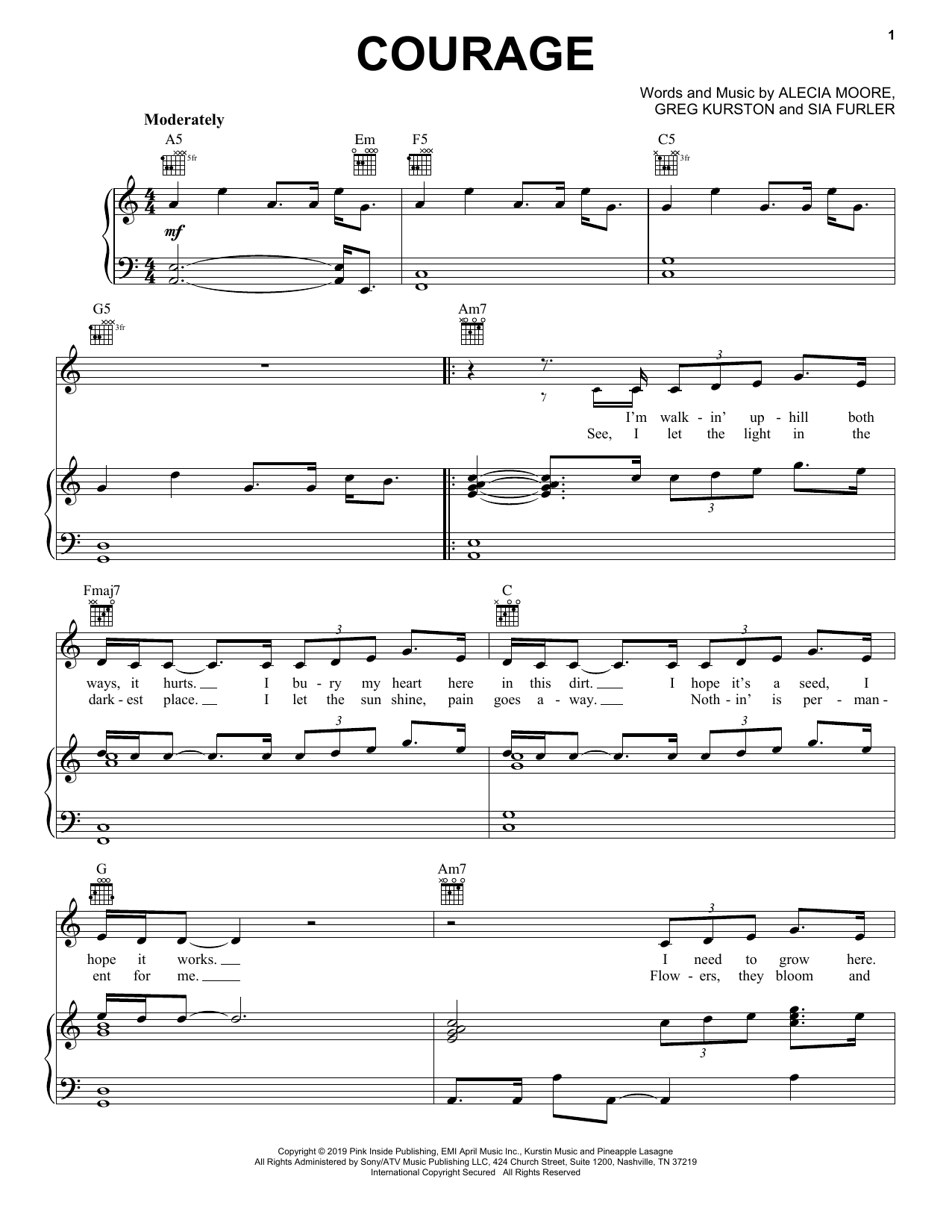 Pink Courage sheet music notes and chords arranged for Piano, Vocal & Guitar Chords (Right-Hand Melody)