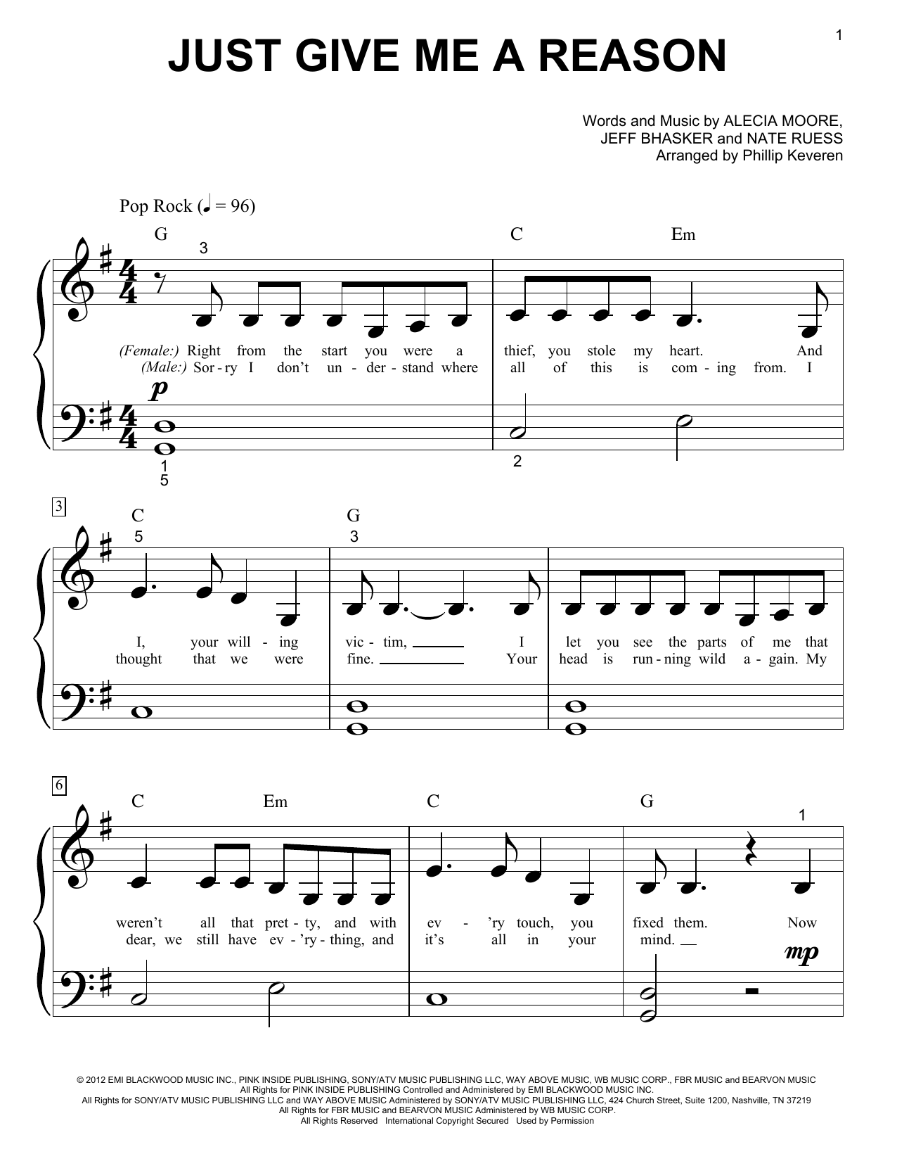 Pink featuring Nate Ruess Just Give Me A Reason (arr. Phillip Keveren) sheet music notes and chords arranged for Big Note Piano