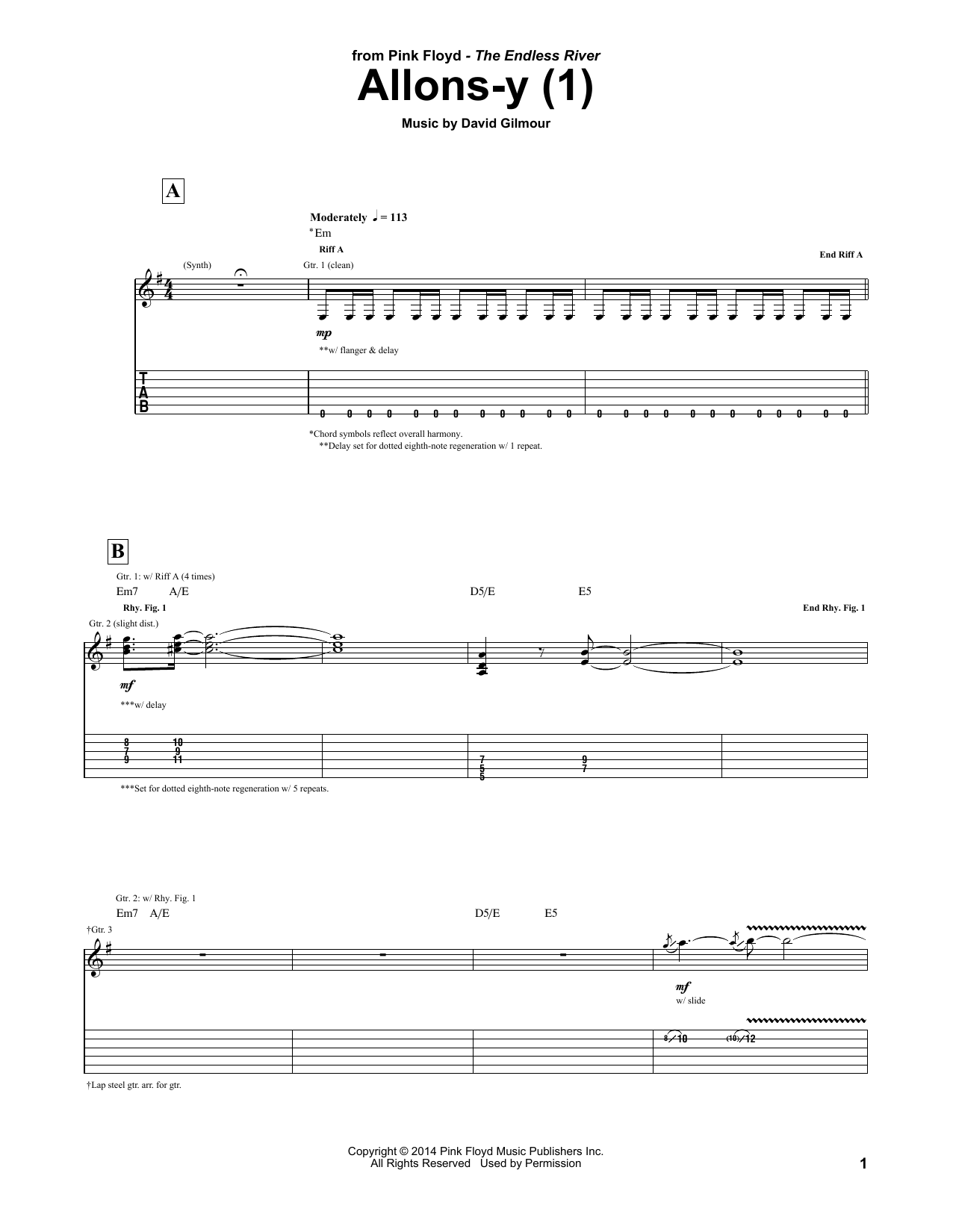 Pink Floyd Allons Y (1) sheet music notes and chords arranged for Guitar Tab