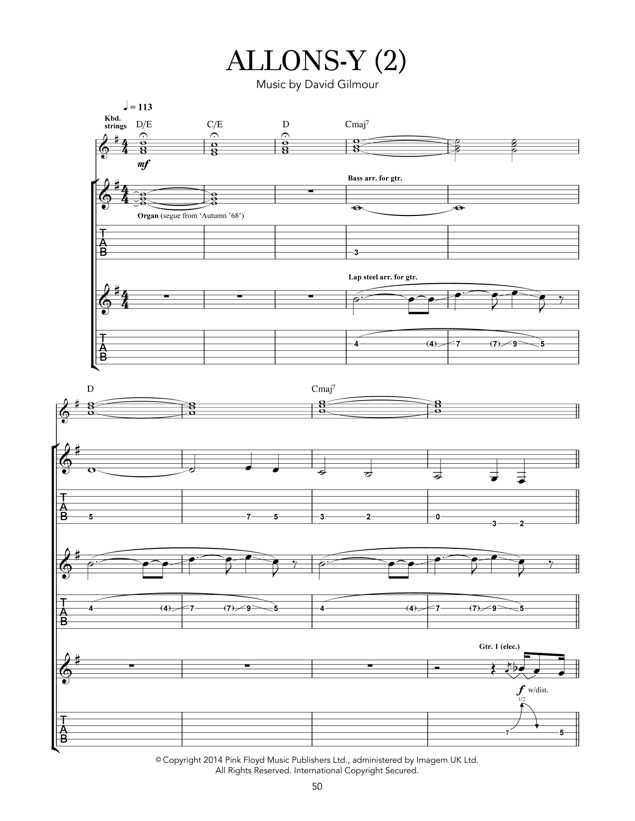 Pink Floyd Allons Y (2) sheet music notes and chords arranged for Guitar Tab