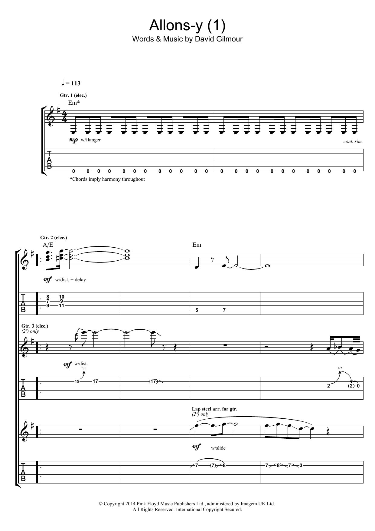 Pink Floyd Allons Y (Part 1) sheet music notes and chords arranged for Guitar Tab